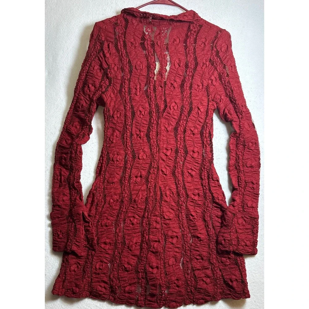 Free People Lace Mini Dress Dark Red Button Front Long Sleeve Small